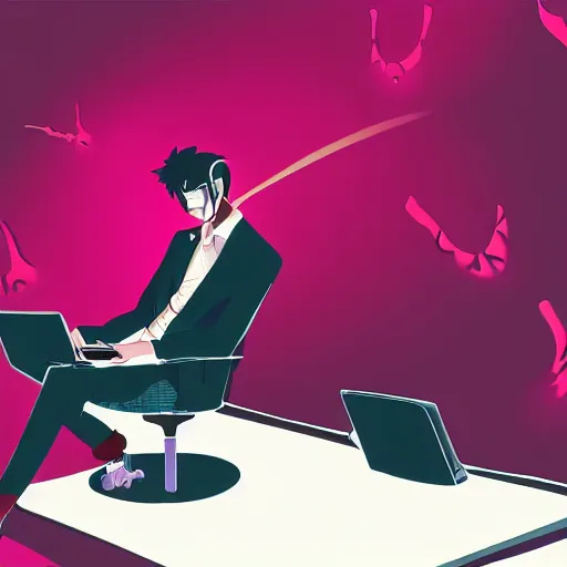 Image similar to a demon programmer gentleman ~ using a laptop ~ lava background ~ digital art ~ two horns ~ sitting on a chair ~, 4 k, ultra hd