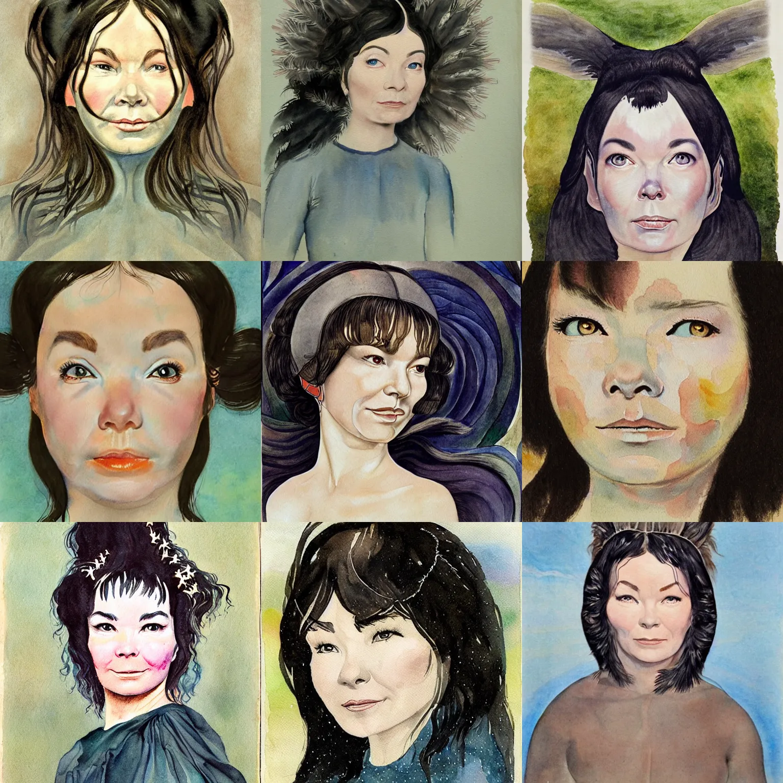 Prompt: photorealistic portrait of bjork, painted in watercolor by william blake, bjork's face, 1 8 2 6.