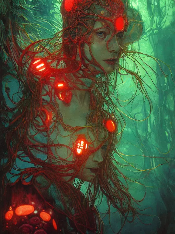 Image similar to ( underwater ) middle length portrait of a living goo glowing cyborg leshy girl, cinematic light, looking to the side off camera, backlight glow, green bright red, mist, by mikhail vrubel, by philippe druillet, by peter elson, by gerald brom, muted colors, extreme detail, trending on artstation, 8 k