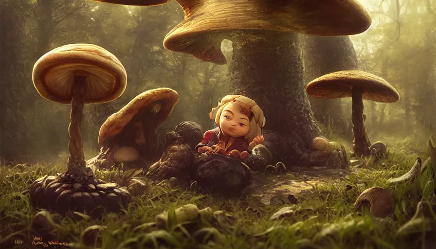 Image similar to dwarf resting under mushroom, by ilya kuvshinov, rtx rendering, octane render 1 2 8 k, maya, extreme high intricate details by tom bagshaw, medium shot, close up shot, composition by sana takeda, lighting by greg rutkowski