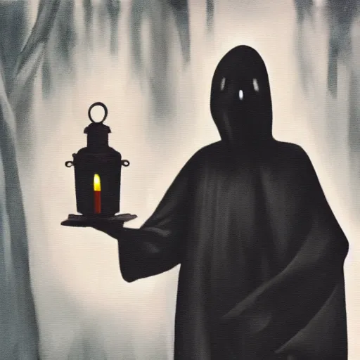 Image similar to dark eerie painting of a cloaked figure holding a lantern in the forest