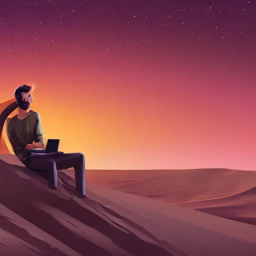 Prompt: A man sitting in the desert at a computer, explosions in the background, digital art, artstation, hyperdetalied, high rendering, high quality, 8k,