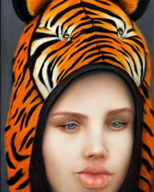 Image similar to a beautiful girl wearing a hat that looks like a tiger head, hyper realistic, hyper detailed, by eliot kohek