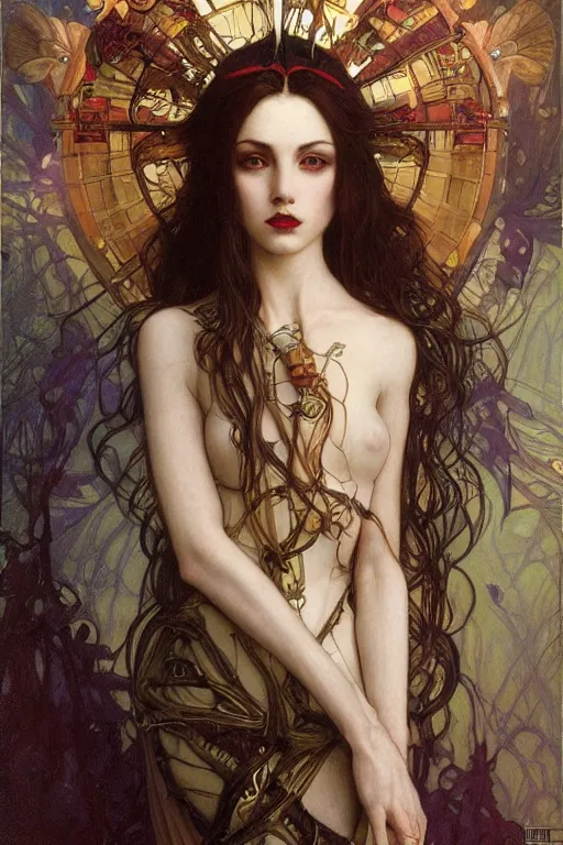 Image similar to masterpiece painting of beautiful vampire girl by donato giancola, darius zawadzki and tom bagshaw, face by artgerm and edmund leighton, alphonse mucha, background by james jean and h. r. giger, 8 k, biomechanical horror, majestic, volumetric lighting, porcelain skin, french nouveau, trending on pixiv