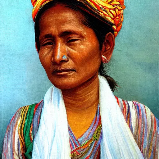 Image similar to a nepali woman wearing a white shawl, oil painting