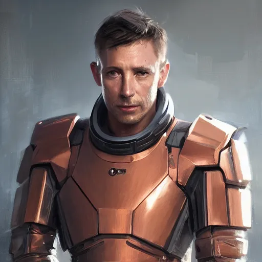 Image similar to Portrait of a man by Greg Rutkowski, he is about 40 years old, short copper hair, attractive, military composure, younger brother vibes, expression of sorrow and disbelief, he is wearing futuristic space tactical suit, highly detailed portrait, digital painting, artstation, concept art, smooth, sharp foccus ilustration, Artstation HQ.