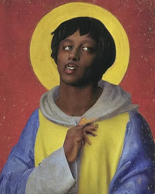 Image similar to rapper juice wrld legend rockstar smiling with a yellow halo above his head by fra angelico renaissance painting