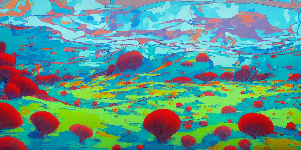 Image similar to partly abstract landscape painting at noon by james jean and David Schnell painted in no mans sky style