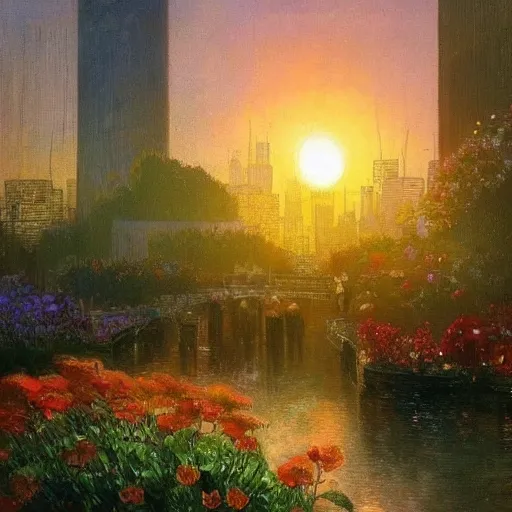 Image similar to a very beautiful eco - friendly environmental future city cityscape, lots of plants and flowers, sunrise, style of olidon redon