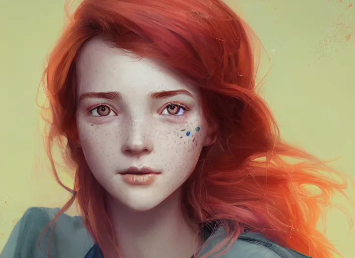 Image similar to portrait of a beautiful smiling girl with orange hair and freckles, green eyes, highly detailed, digital painting, concept art, smooth, sharp, focus, background is purple, artstation, style by Bo Feng Lin