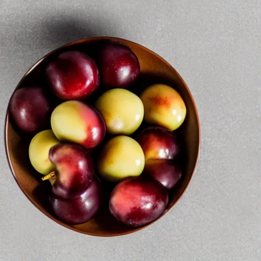 Image similar to photo of a thick porcelain bowl filled with few moist freshly picked plums on a wooden table. volumetric lighting. 4 k. small scale. realistic. top down.