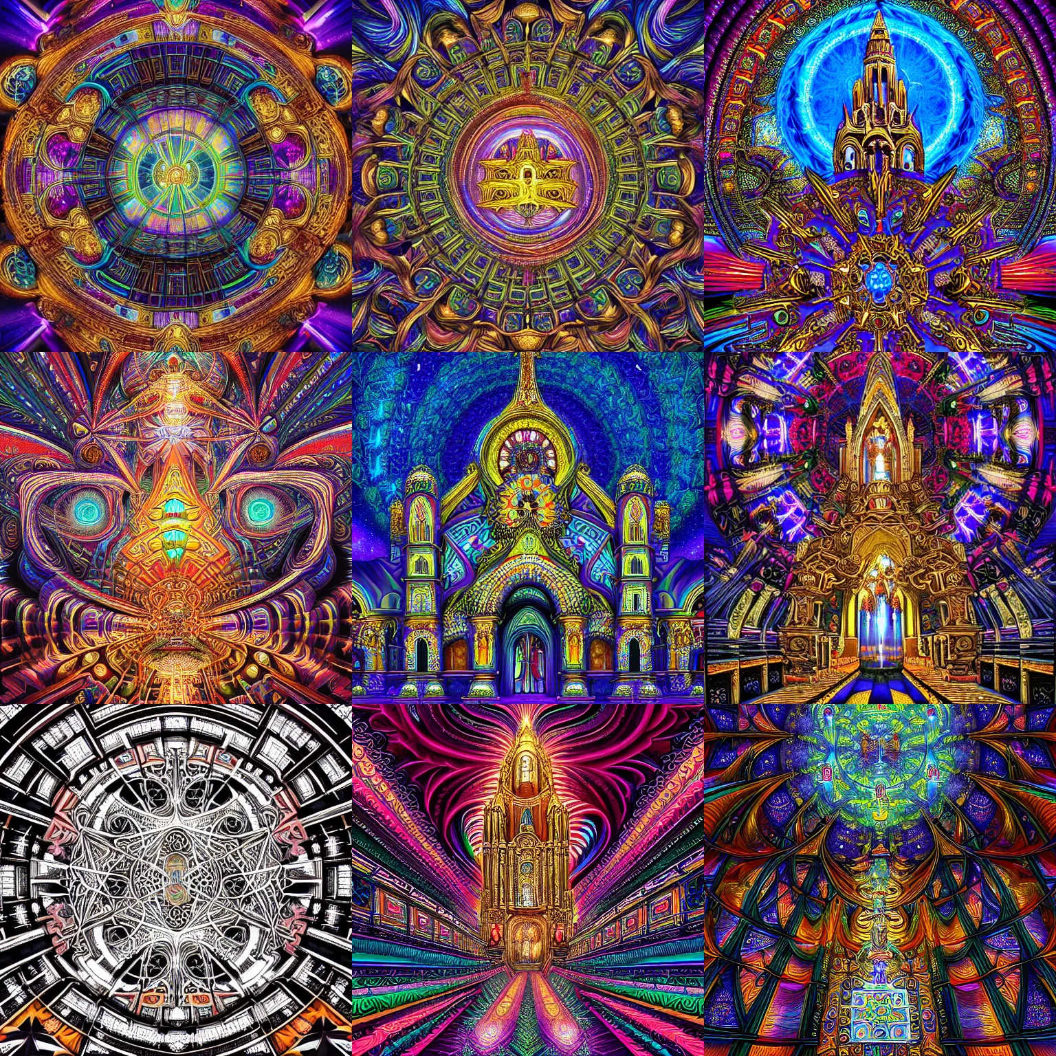 Prompt: a intricate ornate psychedelic image of a church, temple, digital art by felix kelly, alex grey, dan mumford, artgerm, psychedelic art, psychedelic, fractalism, fractals, sacred geometry, artstation, detailed, art, hyper realism, hyper detailed, cgsociety, ue 5, hd, 3 d