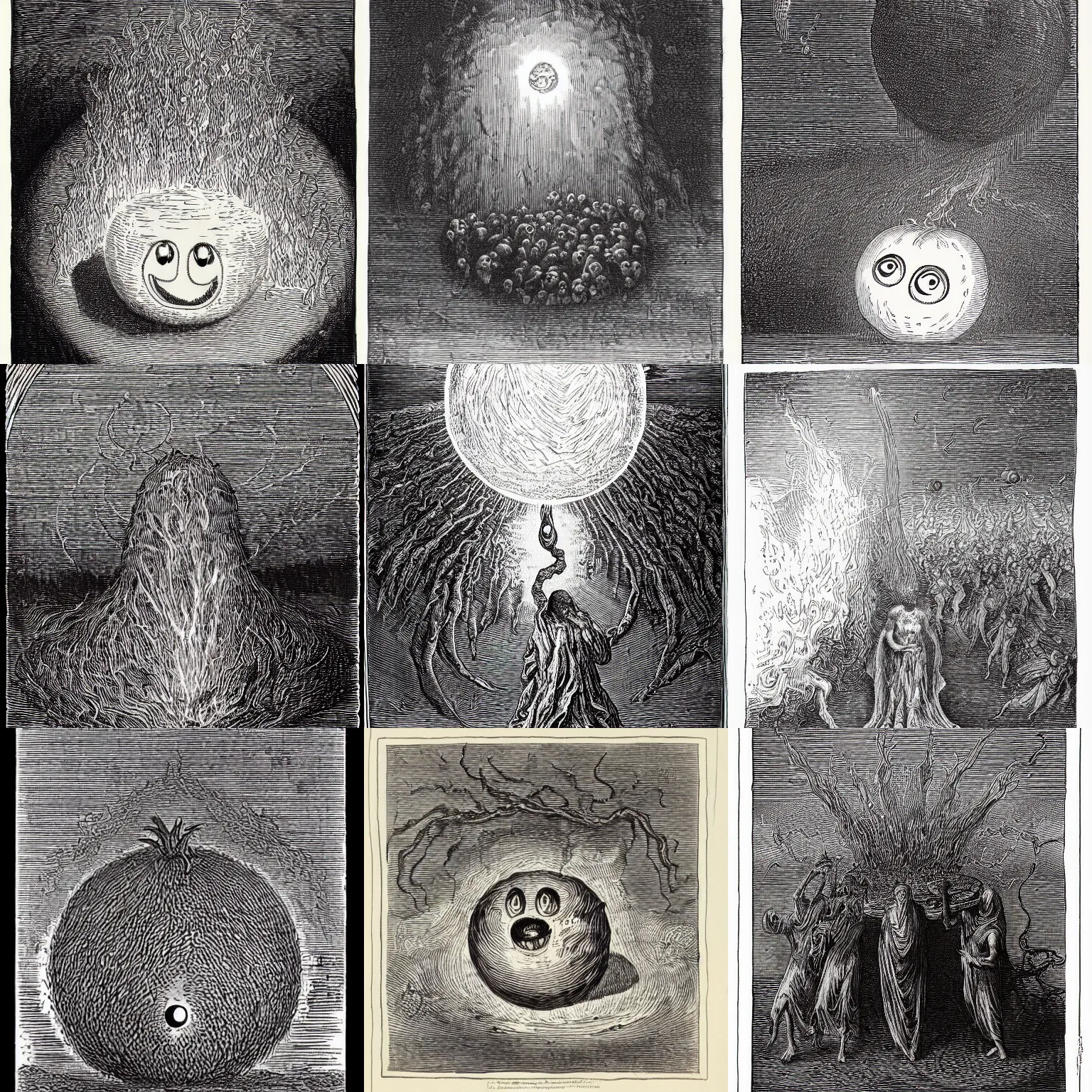 Prompt: A tomato with eyes in the fires of hell. Gustave Dore, Dante, Woodcut, Black and White.