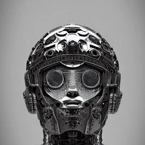 Prompt: robot, 70s sci-fi, highly detailed, symmetrical long head, dark enlightenment, alchemy, nigredo, deep aesthetic, concept art, post process, 4k, highly ornate intricate details, art deco,