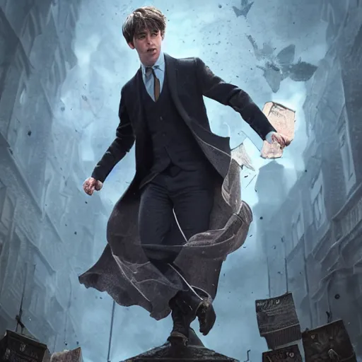 Image similar to hyperrealistic mixed media high resolution, scamander from harry potter with his creatures , stunning 3d render inspired art by István Sándorfi and Greg Rutkowski and Unreal Engine, perfect symmetry, dim volumetric lighting, 8k octane beautifully detailed render, post-processing, extremely hyper-detailed, intricate, epic composition, highly detailed attributes, highly detailed atmosphere, full body shot, cinematic lighting, masterpiece, no trending on artstation, very very detailed, masterpiece, stunning, flawless structure, lifelike texture, perfection,