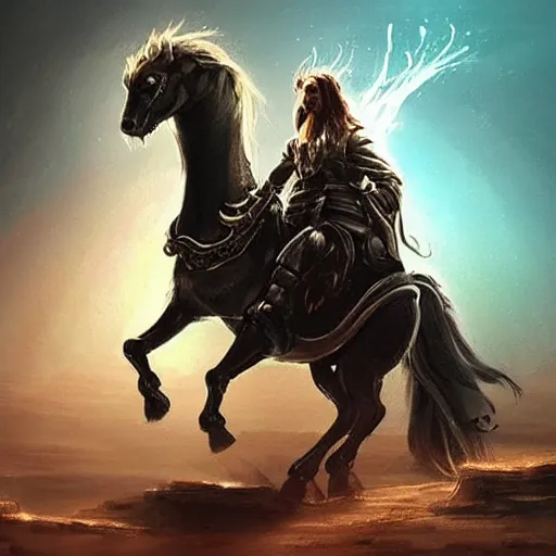 Image similar to “ rim light, fantasy, cinematic concept art, nicolas cage riding a robot horse out of hollywood as its exploding, award winning, dramatic lighting. ”