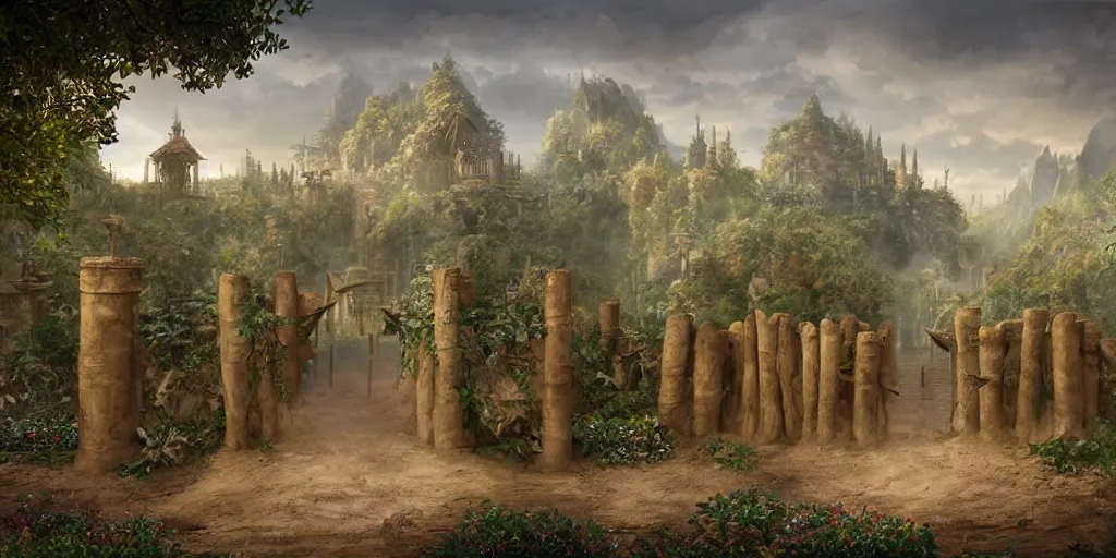 Prompt: beautiful matte painting of entrance to maze
