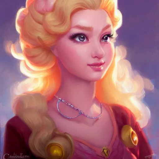 Image similar to cute princess peach as realistic blond human character art portrait, matte fantasy painting, deviantart artstation, by jason felix by steve argyle by tyler jacobson by peter mohrbacher, cinema c 9. 0