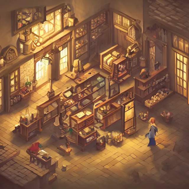 Prompt: an isometric digital painting of a cosy medieval apothecary shop, volumetric lighting, digital art, isometric, artstation hd