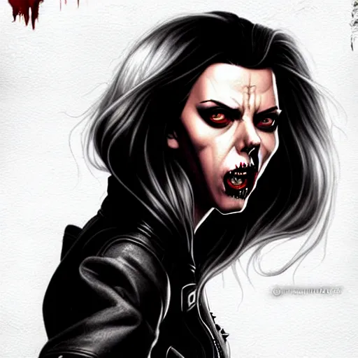 Image similar to rafael albuquerque comic art, peter mohrbacher, steve niles, artgerm, pretty scarlett johansson vampire sharp vampire teeth open mouth, symmetrical eyes, black leather jacket, jeans, long blonde hair