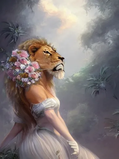 Prompt: a woman hugging a ferocious lion, wearing a cute white dress adorned with flowers. intricate, elegant, highly detailed, digital painting, artstation, concept art, sharp focus, illustration, by justin gerard and artgerm, 8 k