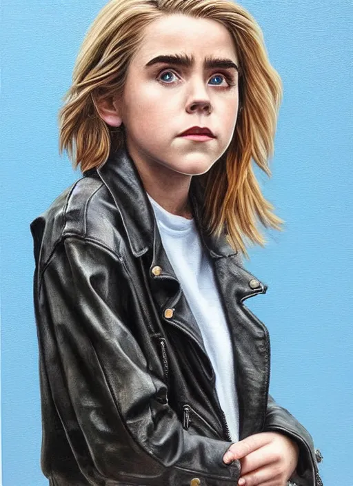 Image similar to portrait of kiernan shipka in the rain wearing a leather jacket, hyperrealistic, very detailed painting mark brooks