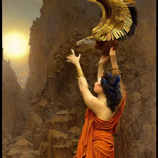 Prompt: giant crow worshipped by buddhist monks, painting by gaston bussiere, craig mullins, j. c. leyendecker, lights, art by ernst haeckel, john william godward, hammershøi,,