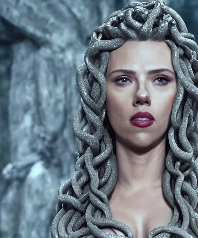 Prompt: Scarlett Johansson starring as Medusa in Medusa (2020 film), cinematic portrait, infinite snakes background