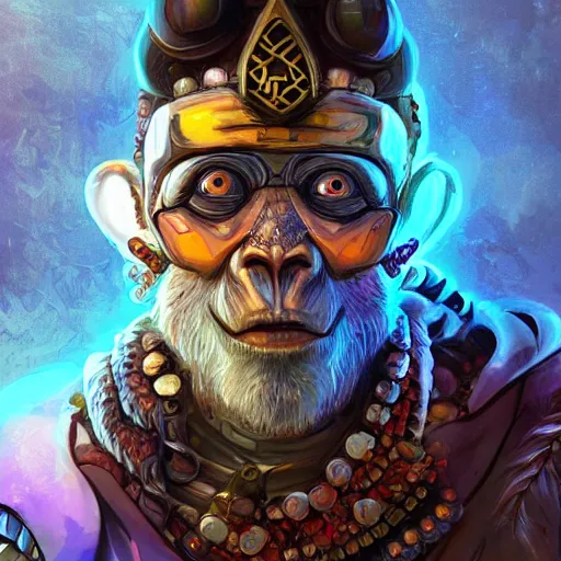 Prompt: a crystal monkey skull face warrior with a philosophers stone in his forehead, Apex Legends character digital illustration portrait design, by android jones, detailed, cinematic lighting, wide angle action dynamic portrait