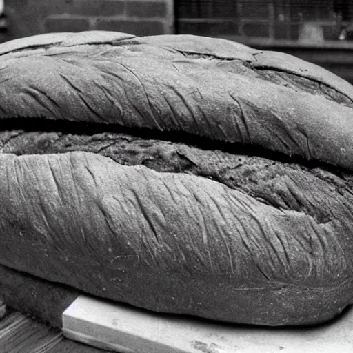 Image similar to biggest loaf of bread in history, old black and white photo