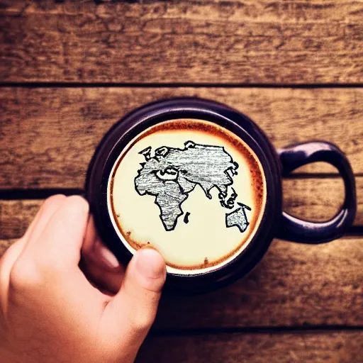 Prompt: Photo of the world map drawn in a cup of coffee, coffe shop background, award-winning, artstation, digital art, epic lighting