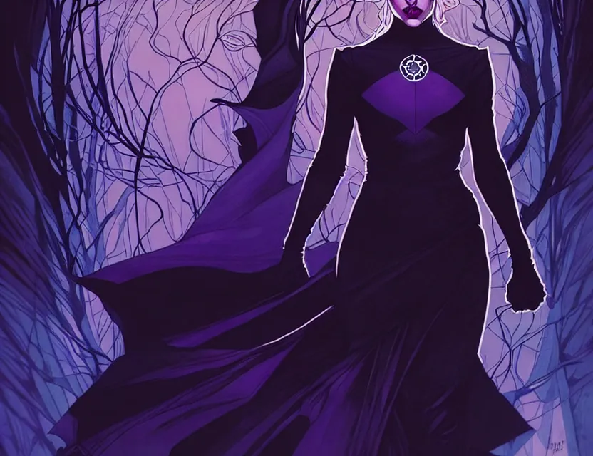 Image similar to Rafael Albuquerque comic cover art, artgerm, Joshua Middleton, pretty Stella Maeve witch doing black magic, serious look, purple dress, symmetrical eyes, symmetrical face, long black hair, full body, dark forest in the background, cool colors