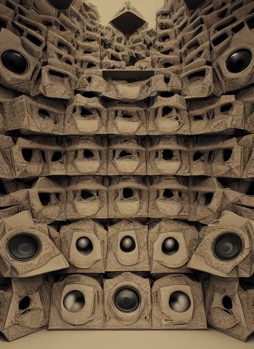 Image similar to highly detailed surreal vfx portrait of a 3 d brutalist landscape of stacks of recursive speakers, polyphonic ecstacy, ornate, hyperrealistic, octane render, chiaroscuro, inspired by james jean, android jones, beeple, rhads, alphonse mucha, frostbite 3 engine