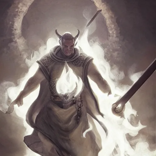 Prompt: a portrait of a dragonborn monk with draconic face and a black top - knot, in a plain simple cheap white monk's robe white robe. he is running towards us, thrusting a long spear with a black tip before him. smoke and fire in the background. fantasy art by greg rutkowski