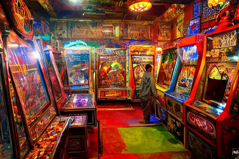 Prompt: mughal architecture interior of a lively early arcade full of videogame cabinets, pinball tables