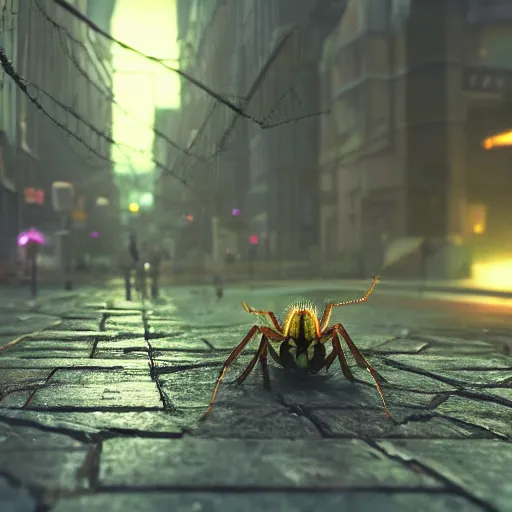 Image similar to a beautiful high - quality photo of a humongous spider walking through a solarpunk city, roads, pavements, trees, cosmic horror, unknowable, volumetric lighting, hyperrealistic, very detailed, 8 k