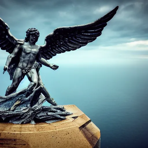 Image similar to A breath taking photo, of The Archangel Michael, defeating Lucifer at the end of time on the edge of the world. 85mm lens, f1.8.