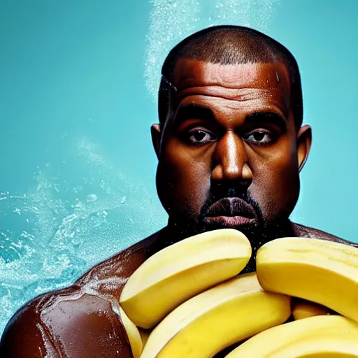 Image similar to Kanye West taking a bath in a bathtub full of bananas, 4k, detailed face, high detail