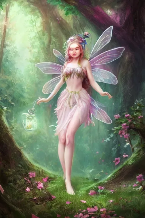 Image similar to a cute fairy in the dreamy forest, fantasy, 8 k resolution, hyper detailed, d & d, character design, digital painting, trending on artstation, sharp focus, illustration, art by artgerm, steve zheng, fuji choko, viktoria gavrilenko, hoang lap