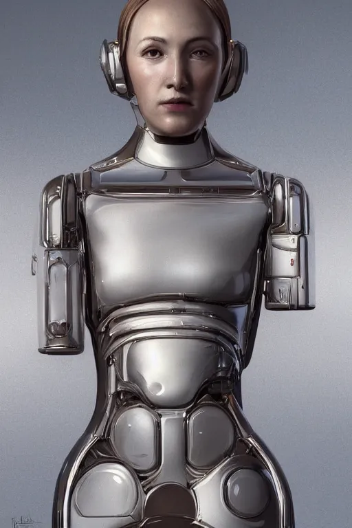 Prompt: full figure portrait of a female android made of chrome and woodgrain by duchamp, lean sleek styling, feminine curves, reflective, inscribed etched with gnostic runes, by jessica rossier