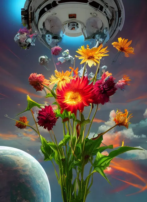 Image similar to An epic fantastic realism comic book style painting of the most beautiful flowers launched into space, bouquets, solar eclipse, fisheye, unreal 5, DAZ, hyperrealistic, octane render, dynamic lighting