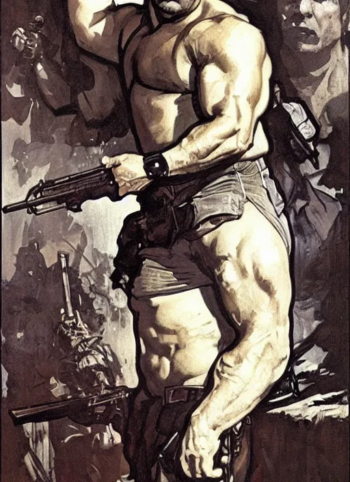 Prompt: gk chesterton as a buff action hero with muscles and a shotgun. portrait by james gurney craig mullins and alphonso mucha. realistic face. expressive.