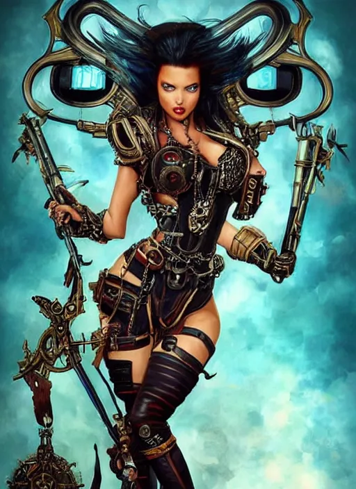 Image similar to front portrait of attractive Adriana Lima as Lady Mechanika holding a shotgun with both hands, Intrincate background with steampunk imagery , D&D!, fantasy style, sharp focus!, ultra detailed, art by Artgerm and Peter Andrew Jones, WLUP