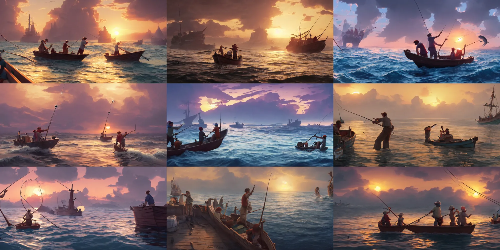 Prompt: fishermen catching fish with rods in their ship at sea and reacting to the fish caught, fishing boat, studio Ghibli, Pixar and Disney animation, sharp, Rendered Unreal Engine 5, film key art, Greg Rutkowski, Bloom, dramatic lighting, sunrise