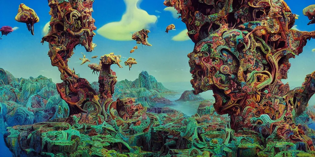 Image similar to ultrawide angle colour masterpiece surreal closeup portrait photography of surrealism by annie leibovitz and michael cheval, incredible sense of depth and perspective and clarity, weird surreal epic psychedelic complex biomorphic 3 d fractal landscape in background by kilian eng and roger dean and giger and salvador dali and beksinski, 8 k