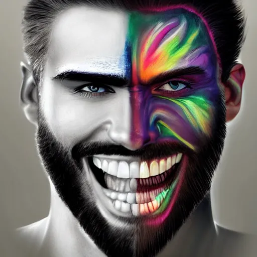 Image similar to x-ray scan of Beautiful face of very manly Gigachad with very big jaws, big eyebrows, smile like trollface, colorful face painting on grey scale face, powerful , magic, thunders, dramatic lighting, intricate, wild, highly detailed, digital painting, artstation, concept art, smooth, sharp focus, illustration, art by artgerm and greg rutkowski and alphonse mucha, footage from space camera