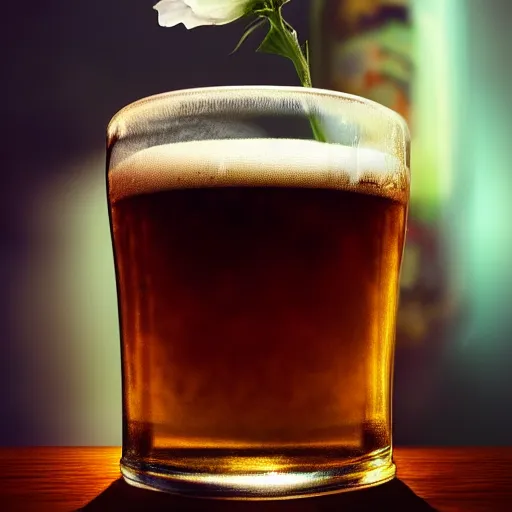 Prompt: a flower growing inside a glass of beer, bokeh, studio lighting, concept art, digital painting, oil painting, hyperrealistic, beautiful, highly detailed, artstation, cgsociety, by artgerm