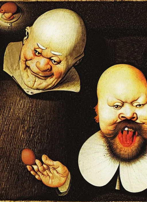 Image similar to carton of gregs'eggs with silly round humpty dumpty jack black facial expressions, realistic, by hieronymus bosch and pieter brueghel