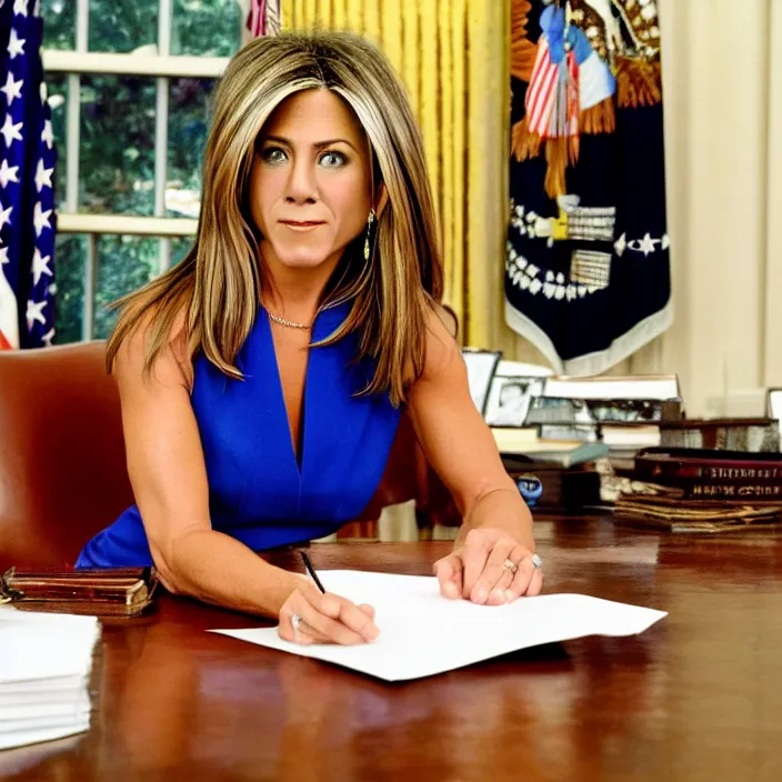 Prompt: united states president, jennifer aniston, sitting at her desk in the oval office reading top secret documents. vibrant colors. professional photography.