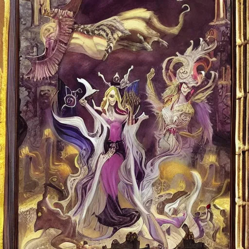 Image similar to a ghost queen triumphs over a legion of demons, a painting of an ancient kingdom under the rule of a ghost queen